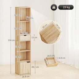Homcom Narrow Bookshelf With Drawer, Tall Bookcase For Living Room, Natural - thumbnail 3