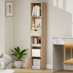 Homcom Narrow Bookshelf With Drawer, Tall Bookcase For Living Room, Natural - thumbnail 9