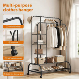 Heavy Duty Double Clothes Rail Rack Garment Hanging Stand Wardrobe Metal Shelf - thumbnail 4