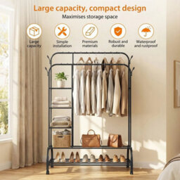 Heavy Duty Double Clothes Rail Rack Garment Hanging Stand Wardrobe Metal Shelf - thumbnail 5