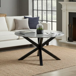 The Furniture Market Star Round Grey Sintered Stone Coffee Table With Black Legs