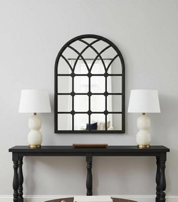 Deenz Arched Top Window Wall Hanging Mirror Black Finish Plastic Frame Grid Pattern Indoor/outdoor Use Style Elegant Decor 71X50Cm - image 1
