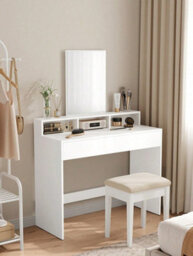 Vasagle Dressing Table With Large Mirror, Vanity Table With 2 Drawers And 3 Compartments, Makeup Table, Modern,  White - thumbnail 1