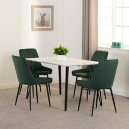 Seconique Marlow Dining Set White Marble With 4 Emerald Green Avery Velvet Chairs