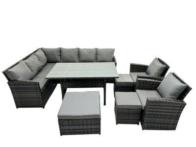 Fimous 11 Seat Poly Rattan Outdoor Patio Dining Table Corner Sofa Set With 3 Stool 2 Chairs For Garden Backyard Dark Grey Mixed - image 1