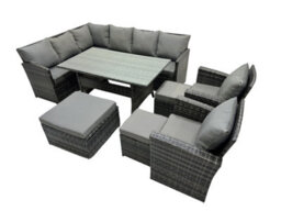 Fimous 11 Seat Poly Rattan Outdoor Patio Dining Table Corner Sofa Set With 3 Stool 2 Chairs For Garden Backyard Dark Grey Mixed - thumbnail 2