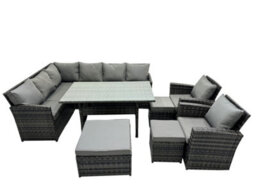 Fimous 11 Seat Poly Rattan Outdoor Patio Dining Table Corner Sofa Set With 3 Stool 2 Chairs For Garden Backyard Dark Grey Mixed - thumbnail 1