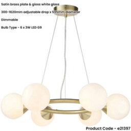 Loops Multi Arm Hanging Ceiling Pendant Light - Satin Brass Plate & Gloss White Glass Shade - 6 X 3W Led G9 - thumbnail 2
