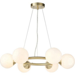 Loops Multi Arm Hanging Ceiling Pendant Light - Satin Brass Plate & Gloss White Glass Shade - 6 X 3W Led G9
