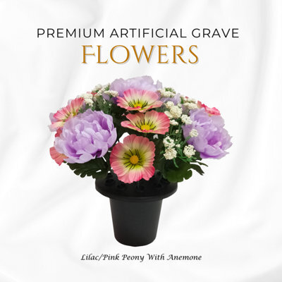 Premium Artificial Grave Flowers - 25Cm Lilac Pink Peony With Anemone Memorial Vase Pot