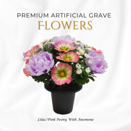 Premium Artificial Grave Flowers - 25Cm Lilac Pink Peony With Anemone Memorial Vase Pot