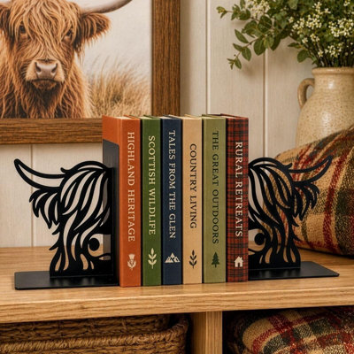CKB Ltd Set Of 2 Highland Cow Bookends, Cute 3D Book Ends For Shelves Black - image 1