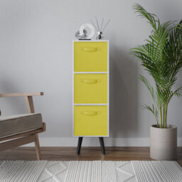 Urbn-Living Urbnliving 80Cm Height 3 Tier White Wooden Storage Bookcase Yellow Insert Scandinavian Style Black Legs - thumbnail 2