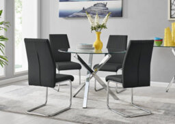 Furniturebox Uk Selina Chrome Round Square Leg Glass Dining Table And 4 Black Lorenzo Chairs Set - thumbnail 1