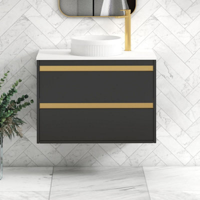 Royal Bathrooms Orion 800mm Matt Obsidian Black Wall Hung Plain White Countertop Vanity Unit 2 Drawer With Round Basin & Brushed Brass Accent Trim - image 1