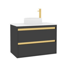 Royal Bathrooms Orion 800mm Matt Obsidian Black Wall Hung Plain White Countertop Vanity Unit 2 Drawer With Round Basin & Brushed Brass Accent Trim - thumbnail 6