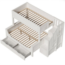 Abrihome Solid Wood Staircase Bunk Bed With Storage, Double Kids' Bed With Integrated Drawers & Shelves, (90+135)X190Cm, White - thumbnail 7