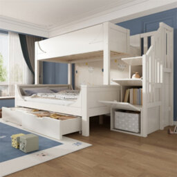 Abrihome Solid Wood Staircase Bunk Bed With Storage, Double Kids' Bed With Integrated Drawers & Shelves, (90+135)X190Cm, White - thumbnail 1