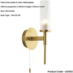Loops Bathroom Satin Brass Plate Wall Light - Clear Ribbed Glass Shade - Non-Dimmable 3W Led G9 - thumbnail 2