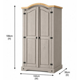 Wardrobe Grey 2 Door Arch Top Wax Solid Mexican Pine Wood Bedroom - thumbnail 2