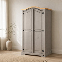 Wardrobe Grey 2 Door Arch Top Wax Solid Mexican Pine Wood Bedroom - thumbnail 1