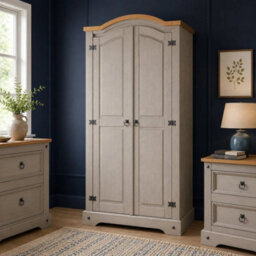 Wardrobe Grey 2 Door Arch Top Wax Solid Mexican Pine Wood Bedroom - thumbnail 6