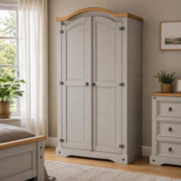 Wardrobe Grey 2 Door Arch Top Wax Solid Mexican Pine Wood Bedroom - thumbnail 4