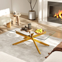 Costway Glass Coffee Table Rectangle Center Table With Metal Tubular Legs-Gold