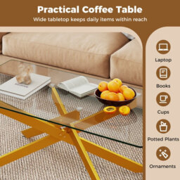 Costway Glass Coffee Table Rectangle Center Table With Metal Tubular Legs-Gold - thumbnail 6