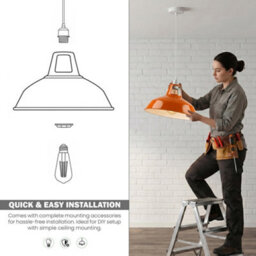 Orange Metal Lamp Shade, 31.5Cm E27 Industrial Vintage Pendant Light With Reducer Plate - thumbnail 7