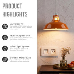 Orange Metal Lamp Shade, 31.5Cm E27 Industrial Vintage Pendant Light With Reducer Plate - thumbnail 9