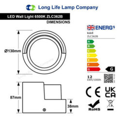 Long Life Lamps Company 12W Outdoor Modern Round Black Led Wall Light Opal Diffuser 6500K Zlc362B - thumbnail 2