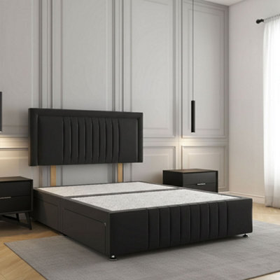 REGIONAL FURNISHINGS Black Plush Velvet Upholstered Divan Bed Set 24Inch Headboard & Footboard 2Drawers Footend & No Mattress In 4Ft 4Ft6 5Ft 6Ft - image 1