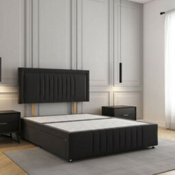 REGIONAL FURNISHINGS Black Plush Velvet Upholstered Divan Bed Set 24Inch Headboard & Footboard 2Drawers Footend & No Mattress In 4Ft 4Ft6 5Ft 6Ft - thumbnail 1