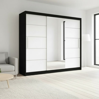 Alba Sliding Door Wardrobe Stylish Modern Storage With Mirror Body Black Front White - image 1
