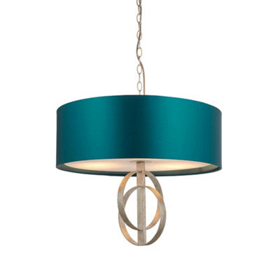 Antique Silver Ceiling Pendant Light & Teal Satin Shade - 3 Bulb Hanging Fitting - image 1