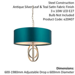 Antique Silver Ceiling Pendant Light & Teal Satin Shade - 3 Bulb Hanging Fitting - thumbnail 2