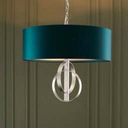 Antique Silver Ceiling Pendant Light & Teal Satin Shade - 3 Bulb Hanging Fitting - thumbnail 4