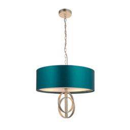 Antique Silver Ceiling Pendant Light & Teal Satin Shade - 3 Bulb Hanging Fitting - thumbnail 5