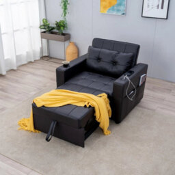 Linen/faux Leather Sofa Bed - Single Recliner Armchair Sofa Bed  Black Faux Leather, Single Bed - thumbnail 5