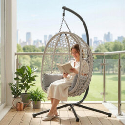 Outsunny Hanging Egg Chair, Rattan Swing Chair With Stand, Light Grey - thumbnail 9
