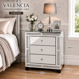 Rexwood Valencia Mirrored Bedside Table 3 Drawers -Crushed Diamond Finish - thumbnail 2