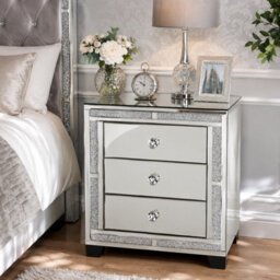 Rexwood Valencia Mirrored Bedside Table 3 Drawers -Crushed Diamond Finish