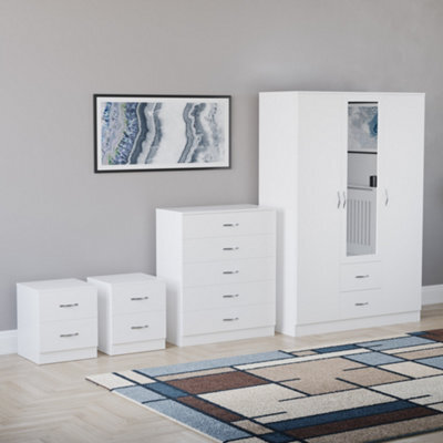 Lassic Vida Designs Riano 4 Piece Bedroom Set (2 Drawer Bedside Chest, 5 Drawer Chest, 3 Door 2 Drawer Mirrored Wardrobe), White - image 1