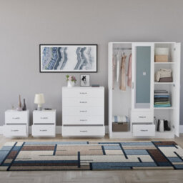 Lassic Vida Designs Riano 4 Piece Bedroom Set (2 Drawer Bedside Chest, 5 Drawer Chest, 3 Door 2 Drawer Mirrored Wardrobe), White - thumbnail 2