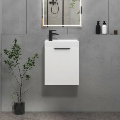 Royal Bathrooms Royal Bathroom Como 400mm Wall Hung Cloakroom Vanity Unit Ceramic Basin Sink 1 Door Cabinet Gloss White With Matt Black Handle - image 1