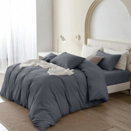 Oxford Homeware Plain Duvet Cover Set Single Charcoal With Fitted Sheet & Pillowcases, Plain Bedding Duvet Cover - thumbnail 2