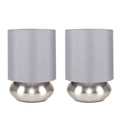 Valuelights Pair Of - Chrome Touch Table Lamps With Grey Shades - Complete With 5W Led Dimmable Candle Bulbs 3000K Warm White - image 1