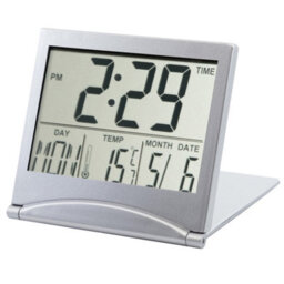 Desk Top Clock Silver Digital Lcd Temperature Alarm New Office Day Clock - thumbnail 1