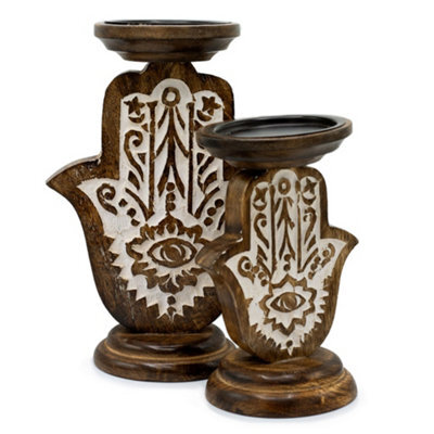 Serenityy Mango Wood Candle Stand Hamsa Small - Eco-Friendly Carved Wood Tealight Holder 18 X 11 Cm. - image 1